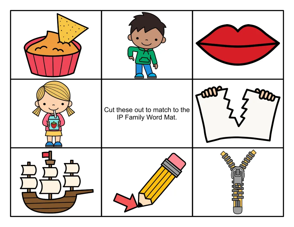 Color -ip picture cards to cut out: chip and dip, hip, lips, girl sipping, torn paper, ship, pencil tip and zipper
