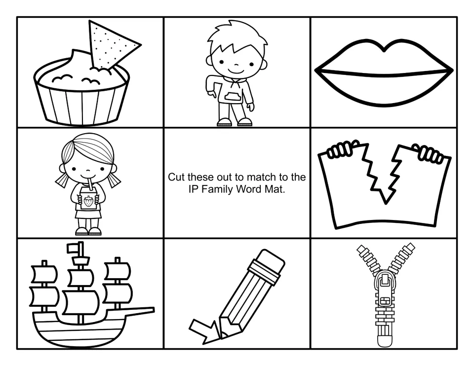 Black-and-white -ip picture cards to cut and match: dip, hip, lips, sip, ripped paper, ship, pencil tip and zipper