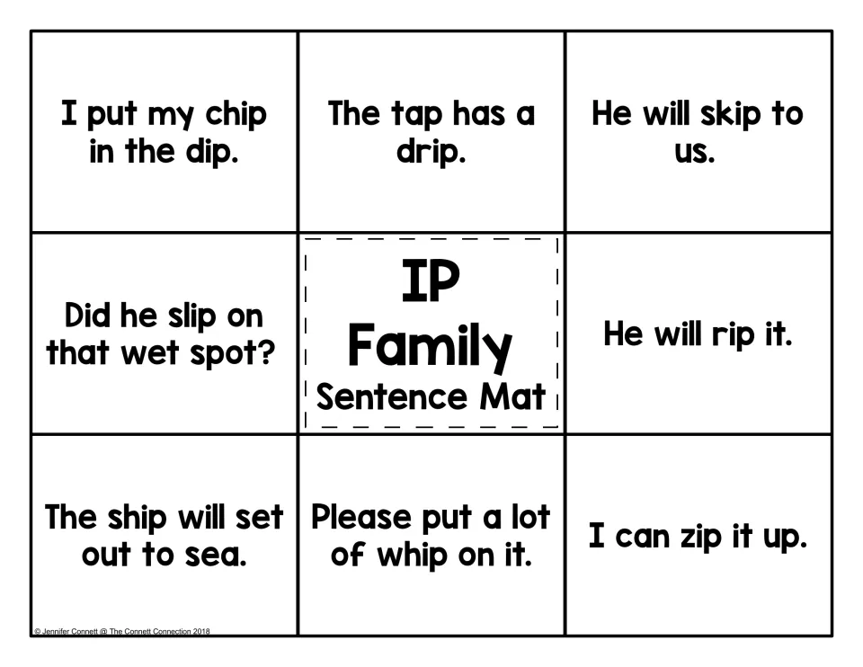 IP family sentence mat: students read eight short sentences such as 'I put my chip in the dip.' and 'I can zip it up.'