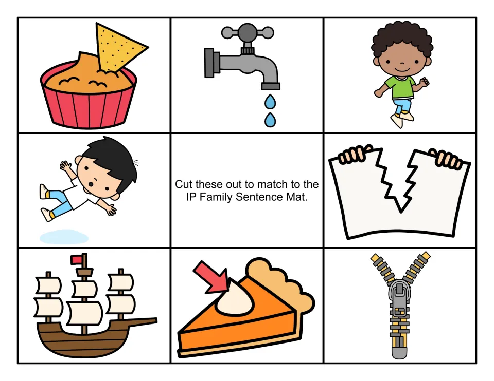 Color cards for the -ip sentences: chip and dip, dripping tap, skipping, slipping, torn paper, ship, whipped cream, zipper
