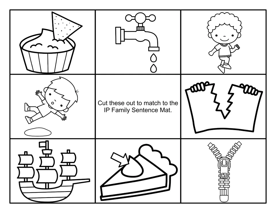 Black-and-white cards to match -ip sentences: chip and dip, tap drip, skip, slip, rip, ship, whipped cream on pie, zipper