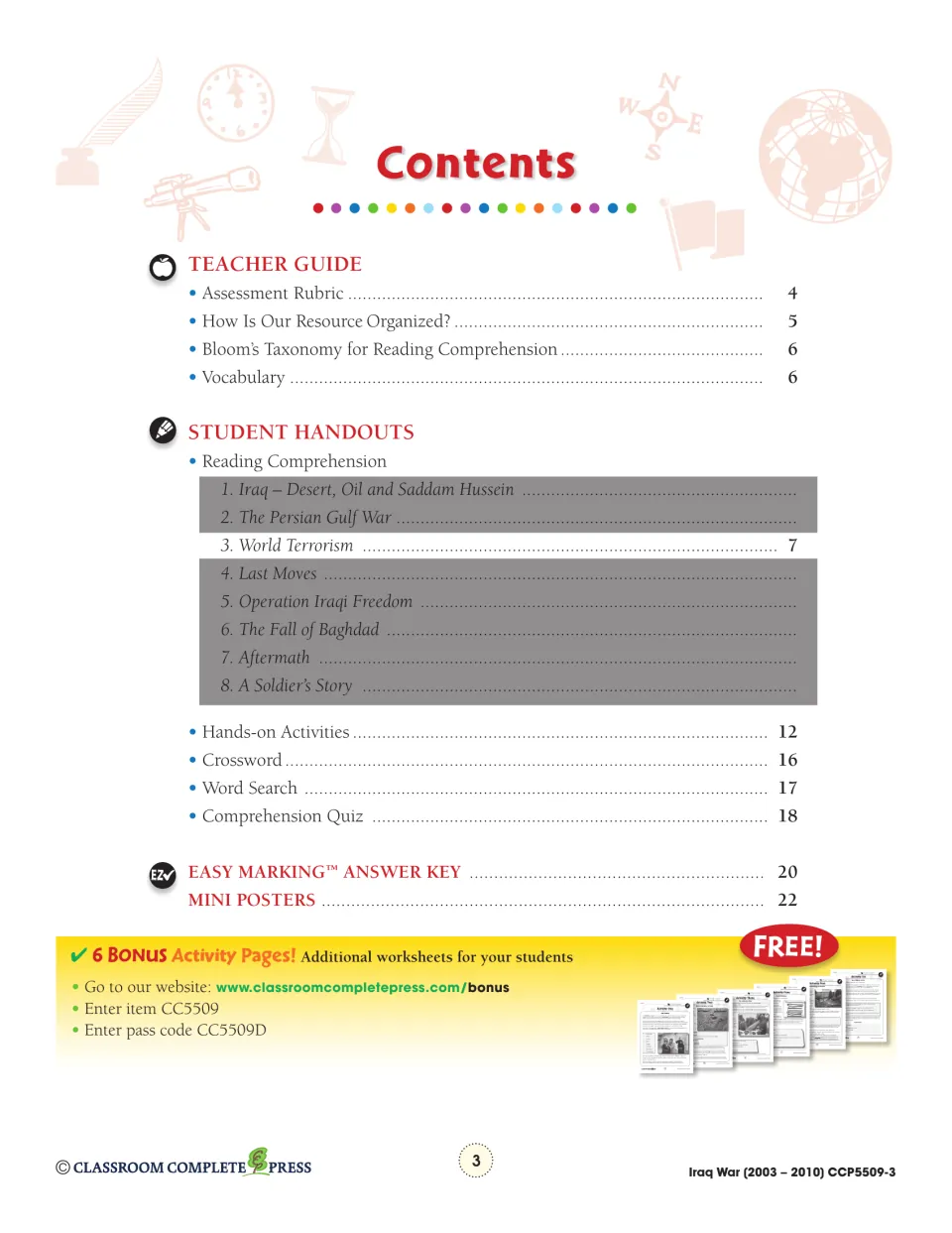 Contents page: teacher guide, eight chapter titles with World Terrorism on page 7, crossword, quiz and answer key