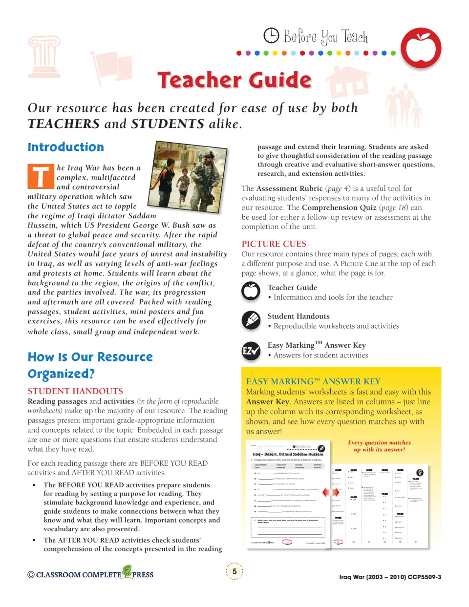 Teacher guide: Iraq War introduction and how the resource is organized into passages, activities and an answer key