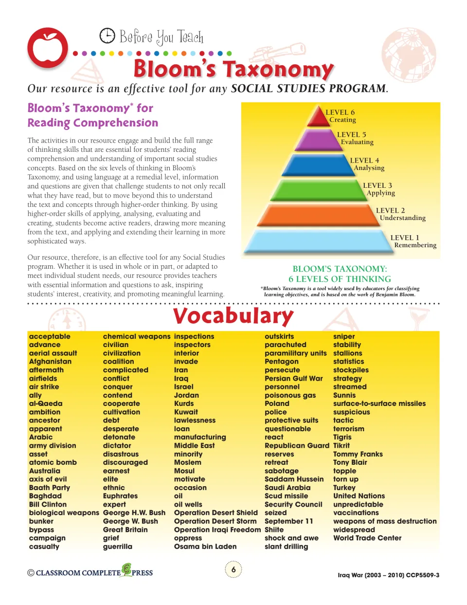 Bloom's Taxonomy six-level pyramid and the vocabulary list, from acceptable and al-Qaeda to World Trade Center