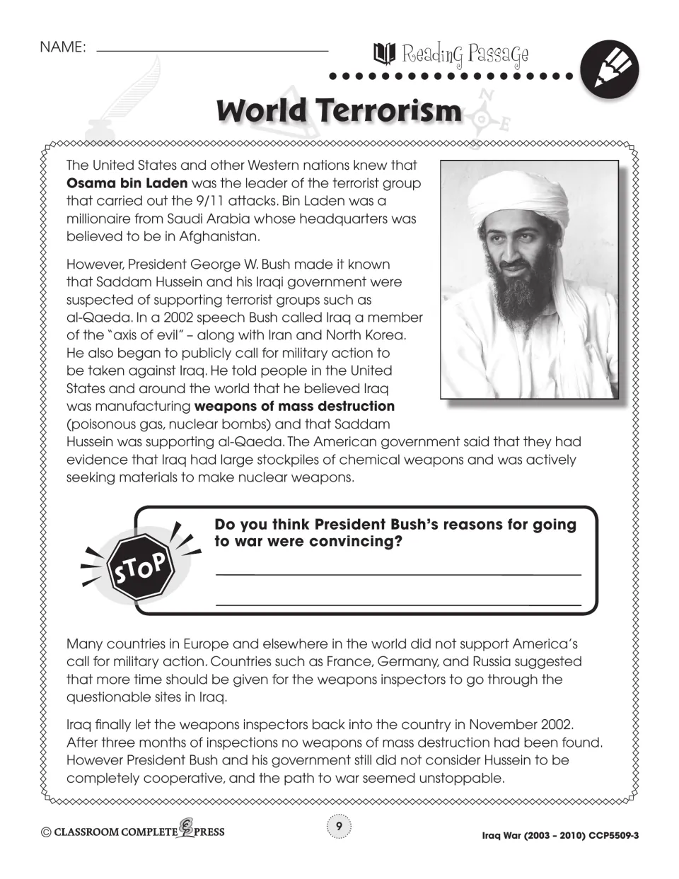 Reading part 2: Osama bin Laden photo, Bush's 'axis of evil' speech, WMD claims and the 2002 weapons inspections