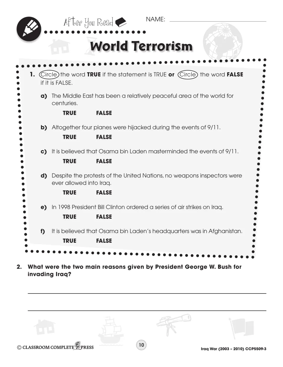 After You Read: six true-or-false statements on 9/11 and Iraq, plus Bush's two main reasons for invading Iraq