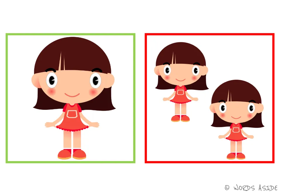 Child and children card: one girl in a red dress beside a matching pair, for saying the singular and plural forms
