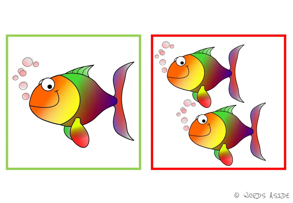 Fish picture card: one smiling rainbow swimmer with bubbles beside a matching pair, showing a noun used for one and many