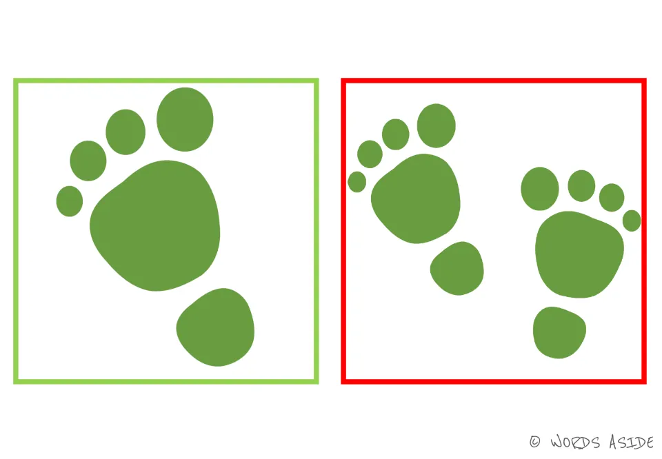Foot and feet card: one green footprint beside a matching pair, for practising a plural made by a vowel change