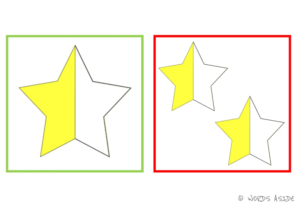Half and halves card: one star with its left side shaded yellow beside a matching pair, for an f-to-ves plural