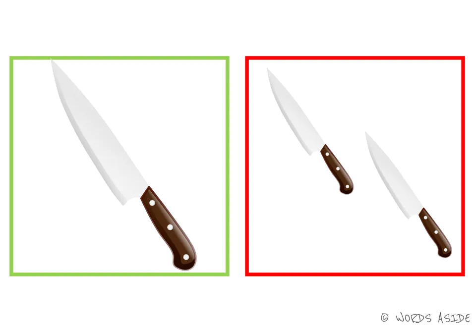 Knife and knives card: one kitchen blade with a wooden handle beside a smaller pair, for a plural where f changes to v