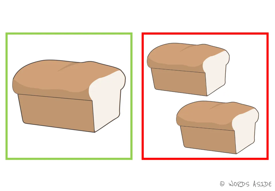Loaf and loaves picture card: a single sandwich bread beside a matching pair, for saying the singular and plural aloud