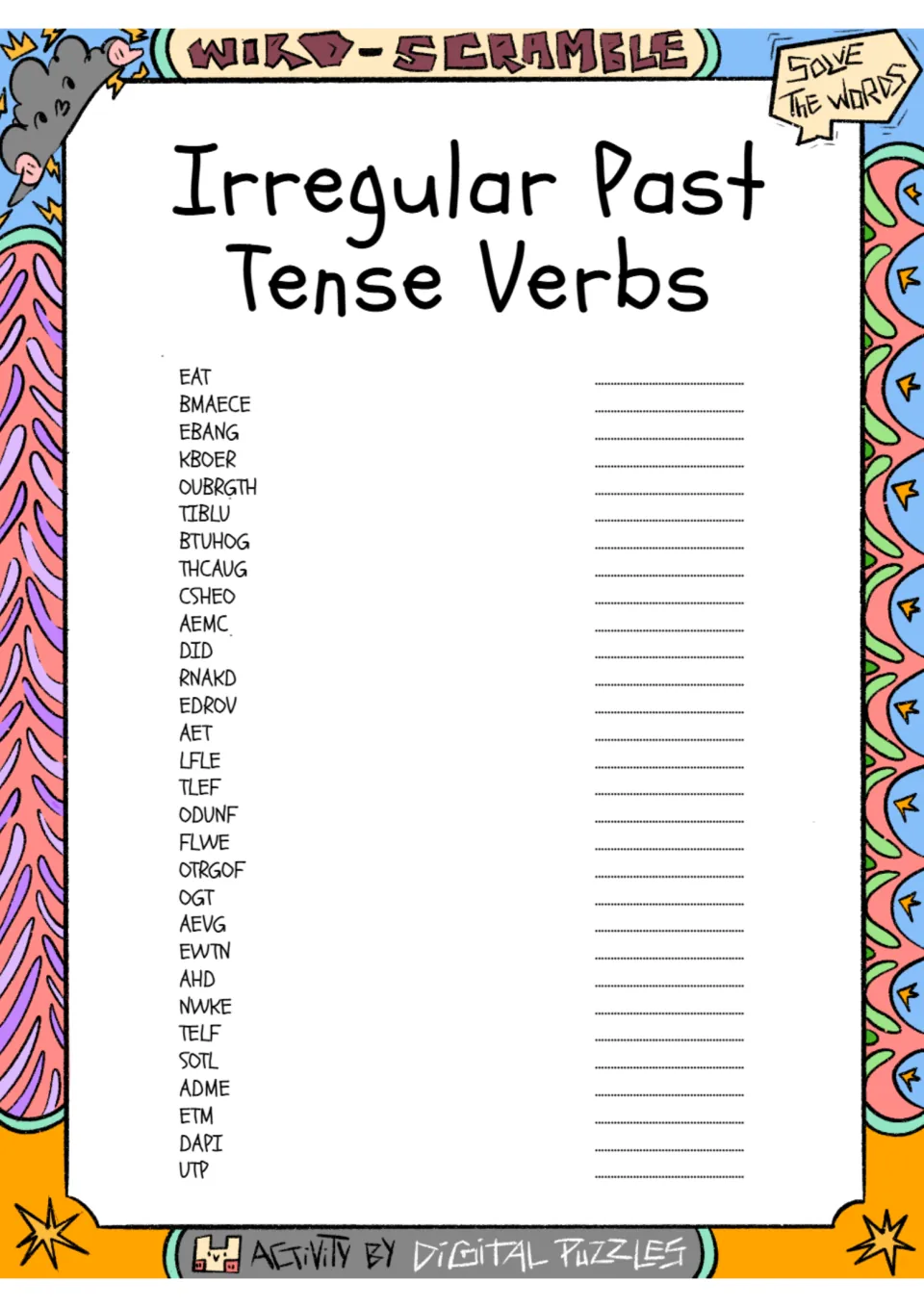 Irregular past tense word scramble: students unscramble 30 verbs such as BMAECE and OUBRGTH and write each word