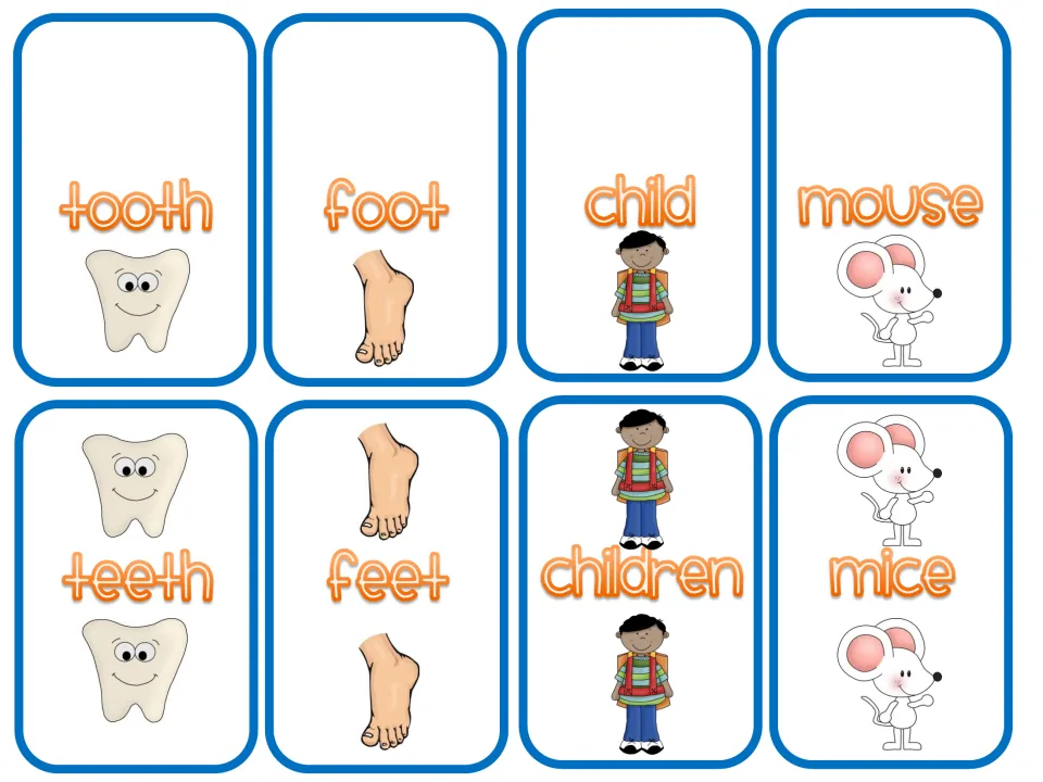 Picture cards pairing singular and plural nouns: tooth/teeth, foot/feet, child/children and mouse/mice, one image vs. two