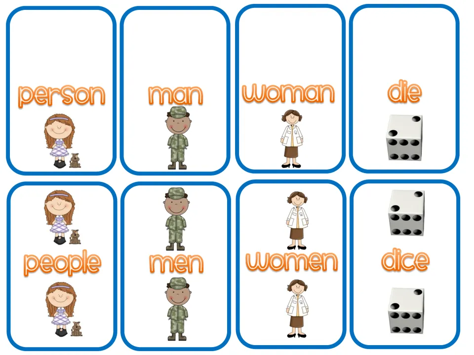 More singular and plural noun cards: person/people, man/men, woman/women and die/dice, each word shown with pictures