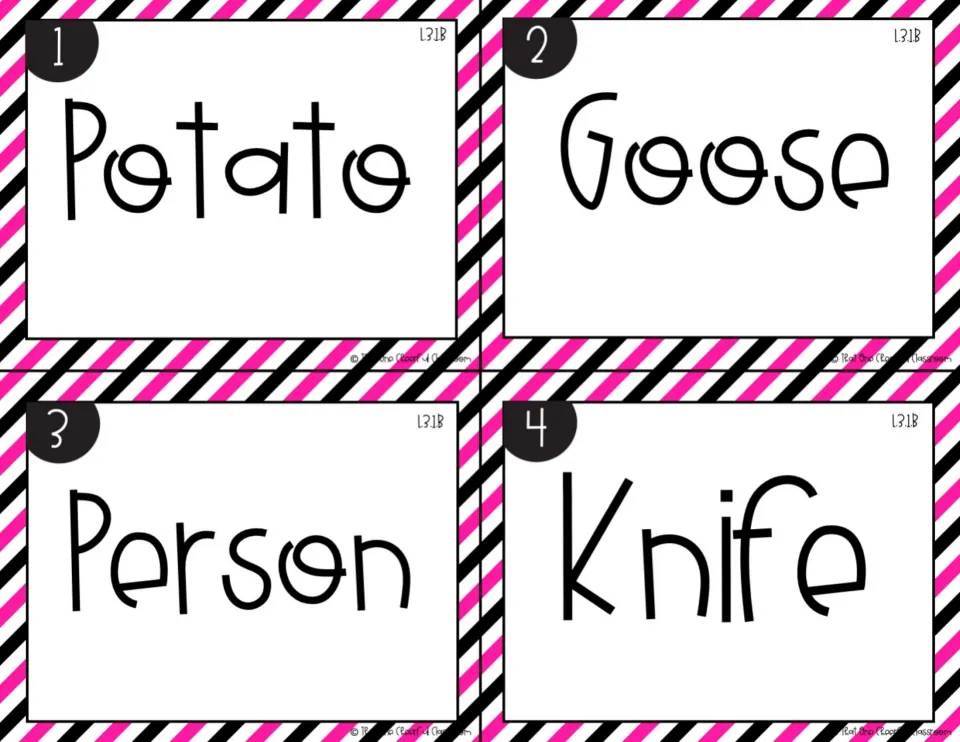 Irregular plurals, cards 1-4 in color: singular nouns potato, goose, person and knife to change into plural form