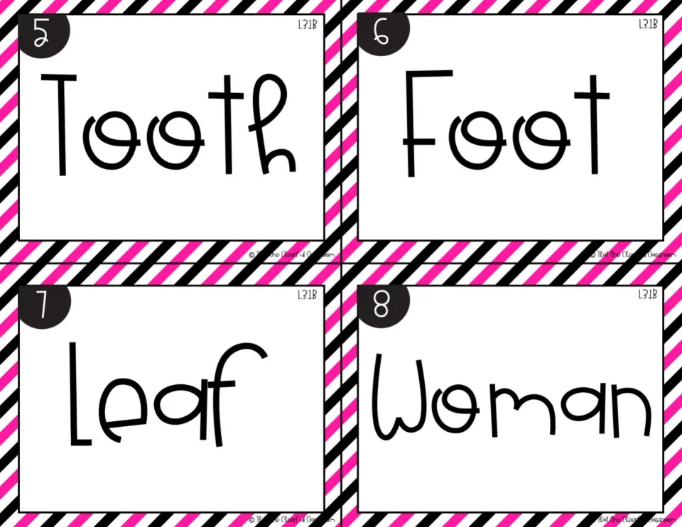 Irregular plurals, cards 5-8 in color: singular nouns tooth, foot, leaf and woman for students to make plural