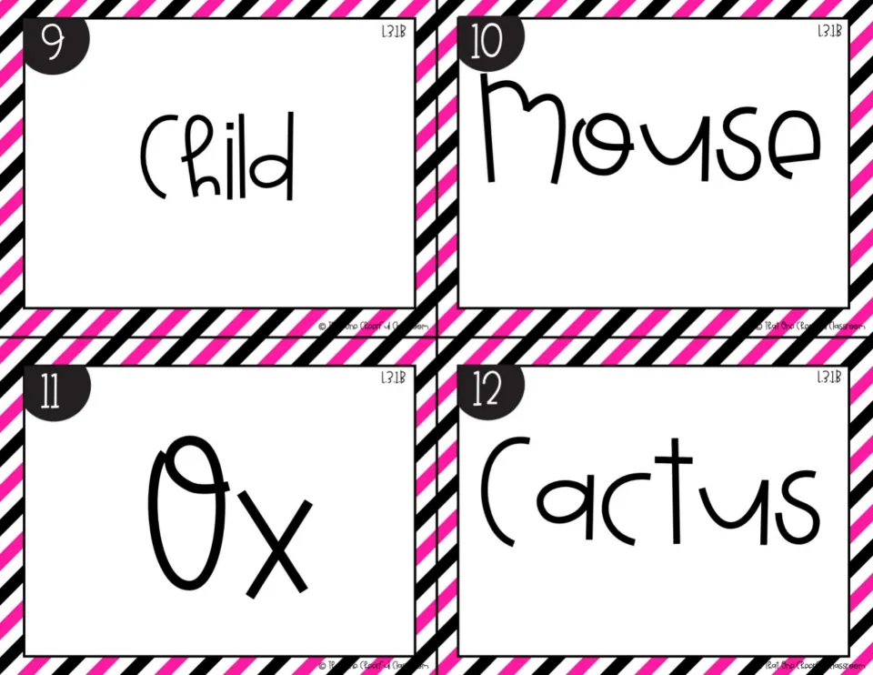 Irregular plurals, cards 9-12 in color: singular nouns child, mouse, ox and cactus for students to write as plurals