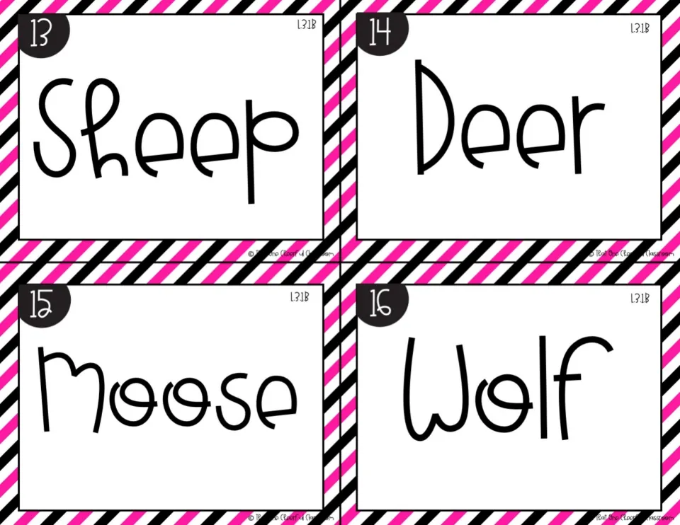 Irregular plurals, cards 13-16 in color: singular nouns sheep, deer, moose and wolf for students to make plural