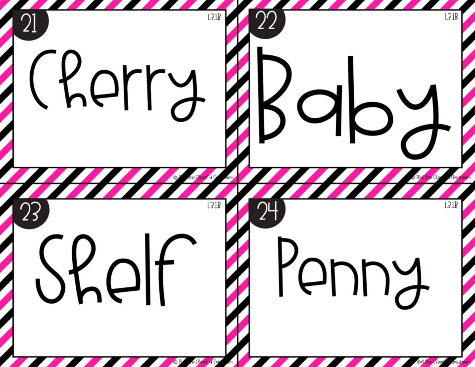 Irregular plurals, cards 21-24 in color: singular nouns cherry, baby, shelf and penny for students to write as plurals