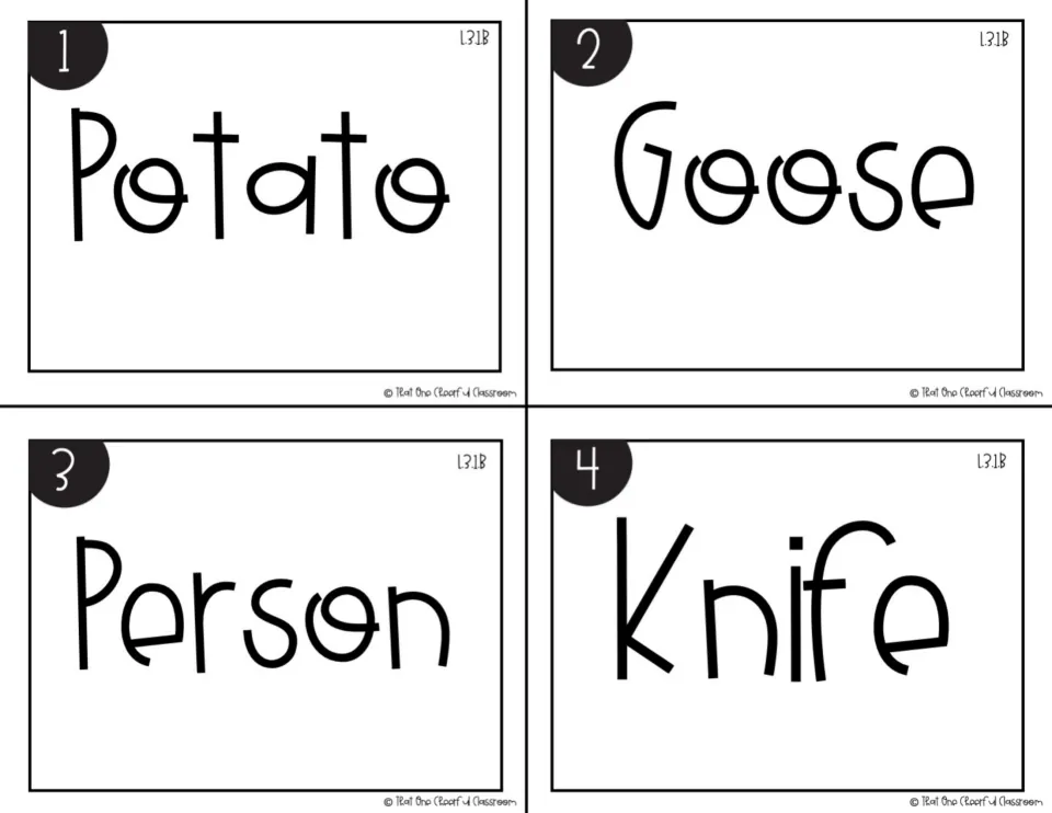 Black-and-white irregular plural cards 1-4: singular nouns potato, goose, person and knife for students to make plural