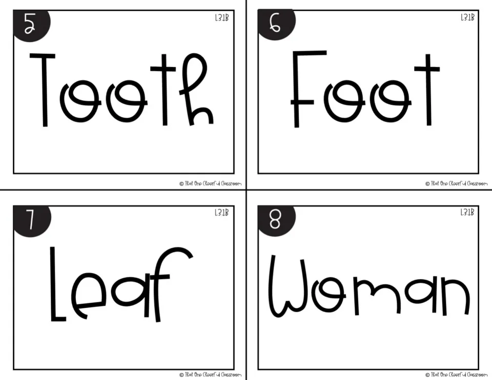 Black-and-white irregular plural cards 5-8: singular nouns tooth, foot, leaf and woman for students to change to plurals