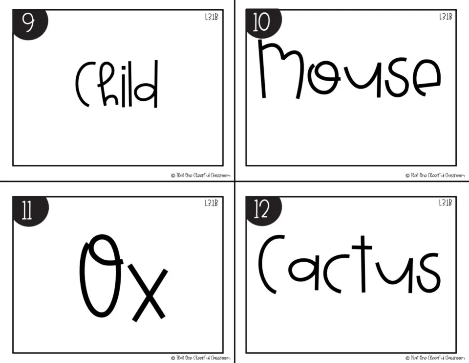 Black-and-white irregular plural cards 9-12: singular nouns child, mouse, ox and cactus for students to write as plurals
