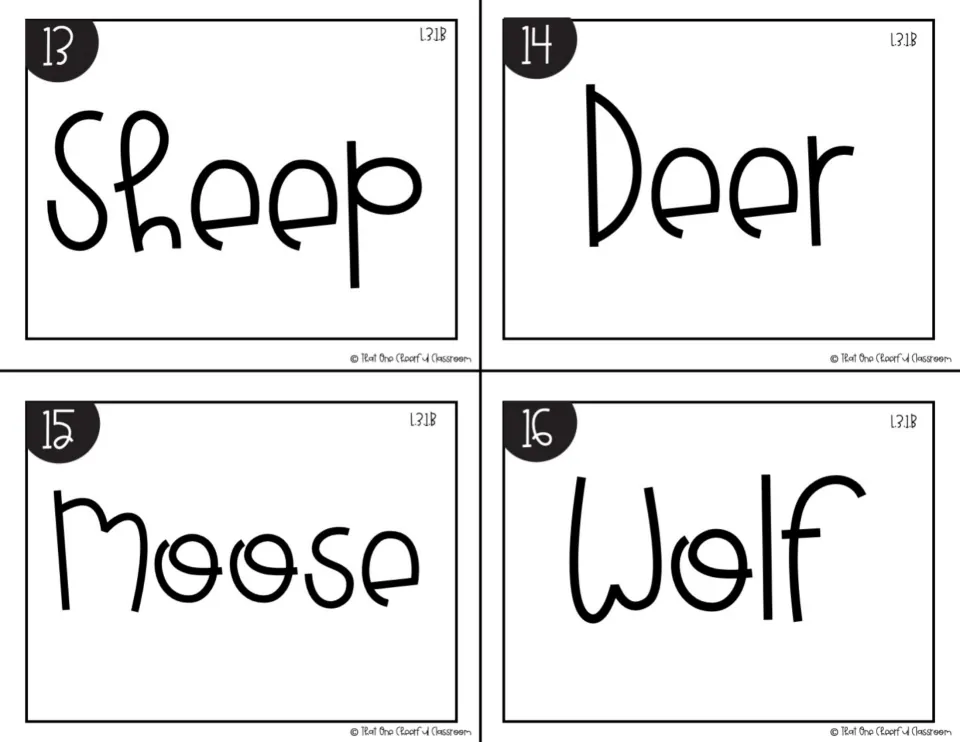 Black-and-white irregular plural cards 13-16: singular nouns sheep, deer, moose and wolf for students to make plural