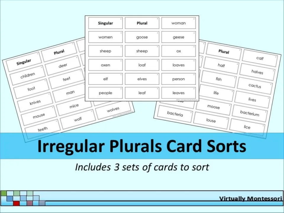Irregular Plurals Card Sorts cover showing three printed sheets of singular and plural noun cards; includes 3 sets to sort