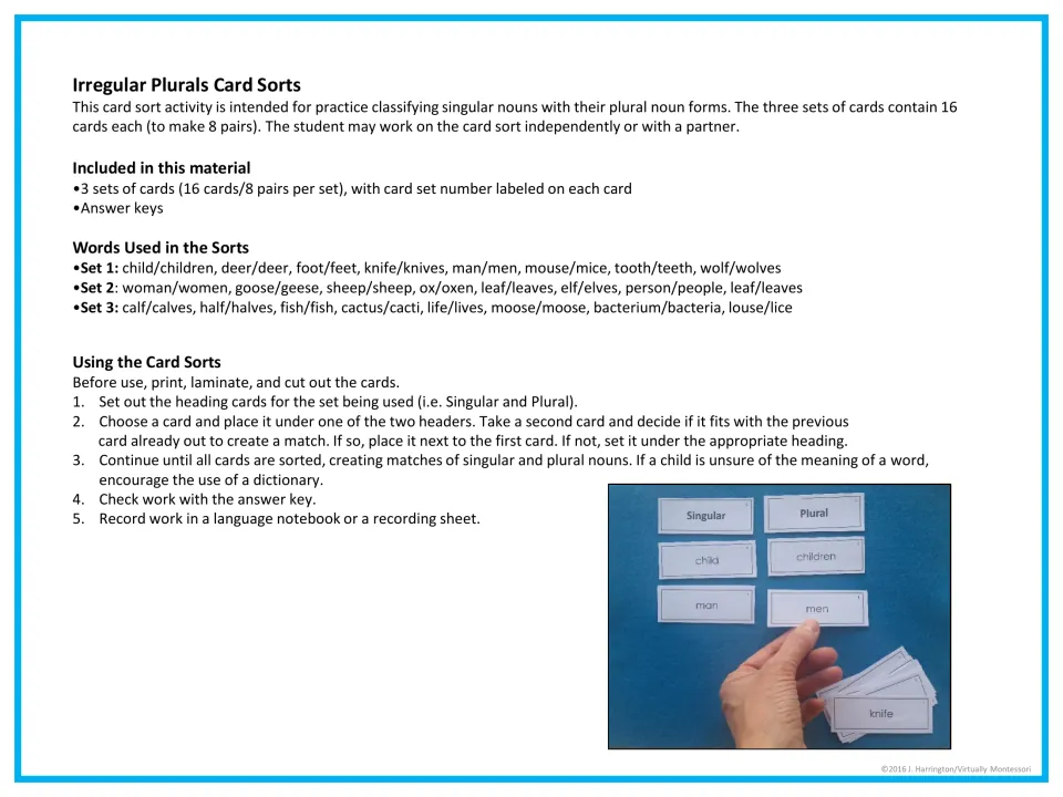 Teacher directions: purpose, contents, word lists for sets 1 to 3 and five sorting steps, with a photo of matched cards
