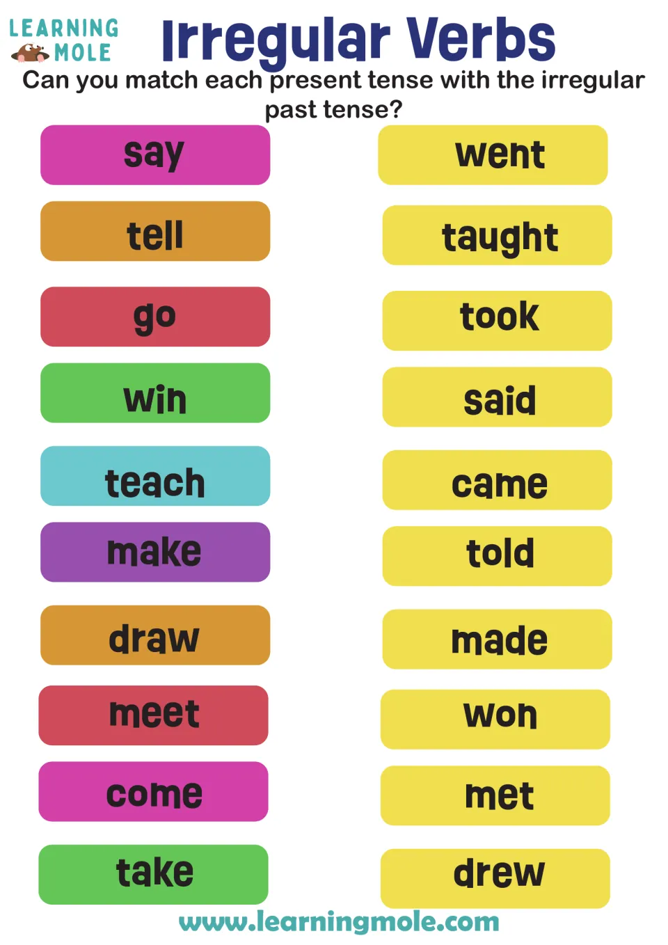 Irregular past tense matching: students pair 10 present tense verbs like say, go and teach with forms like said, went