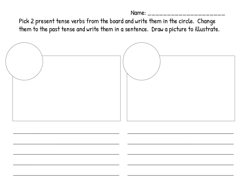 Irregular verb assessment: choose two present tense verbs, change them to past tense, write sentences, and draw.