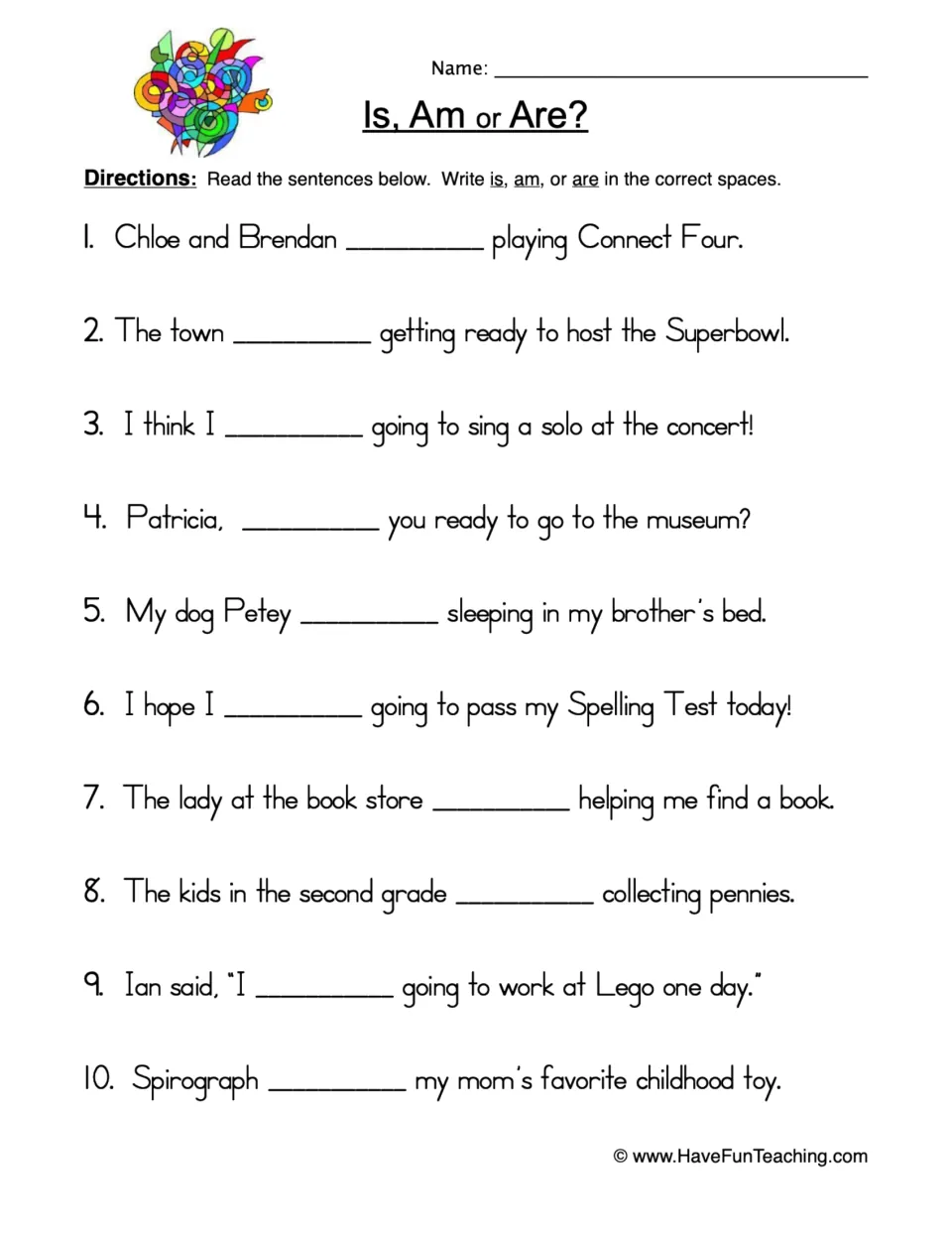 Grammar practice: 10 sentences using is, am, or are, including Chloe and Brendan playing Connect Four.
