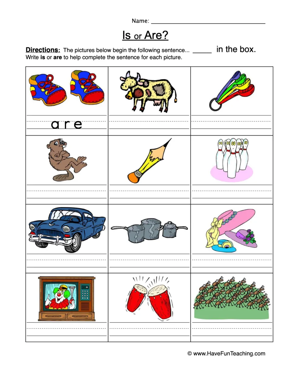 Is or are, singular vs plural: students write is or are to finish ___ in the box for 12 pictures, from shoes to ants