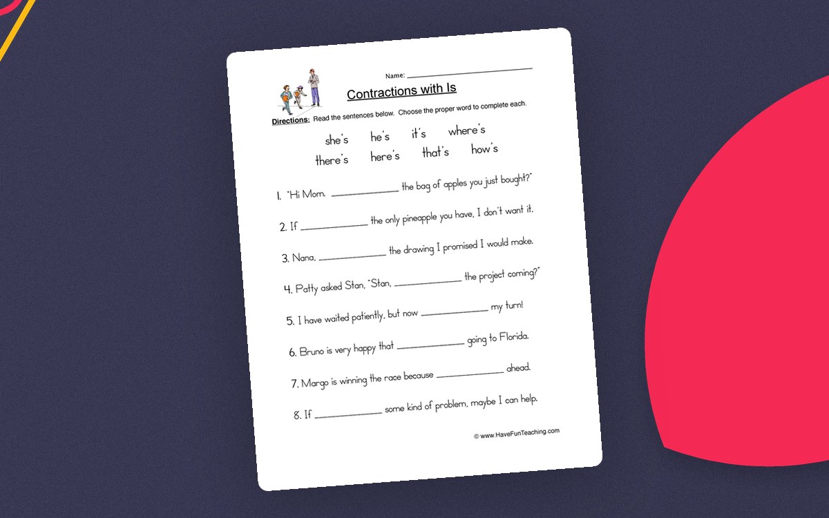 Is Contractions Worksheet preview: Bank of contractions formed with is