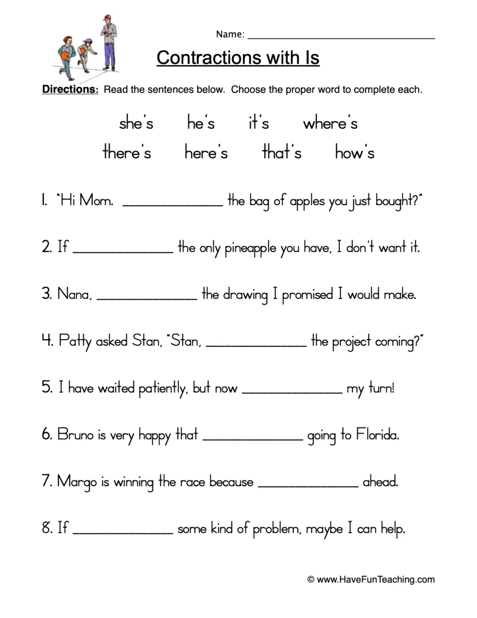 Contractions with is: students complete 8 sentences using a word bank of she's, he's, it's, there's, that's and more