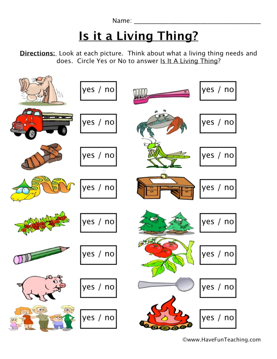 Living vs nonliving: students circle yes or no for 16 pictures, such as a rabbit, truck, crab, desk, pig and fire
