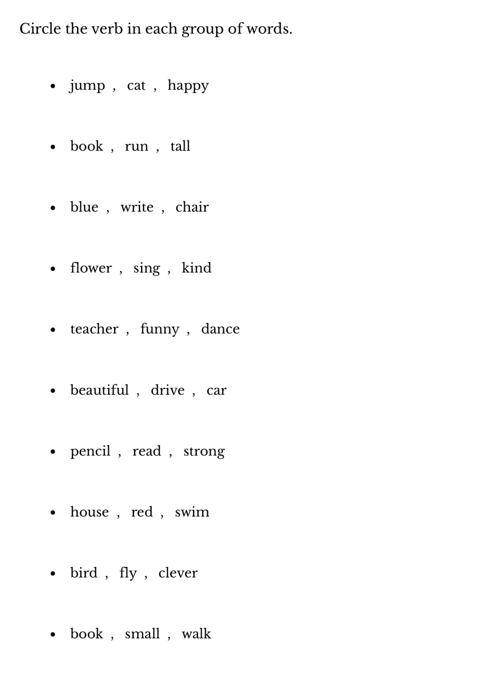 Finding verbs: students circle the verb in each of 10 three-word groups, such as jump, cat, happy and book, run, tall