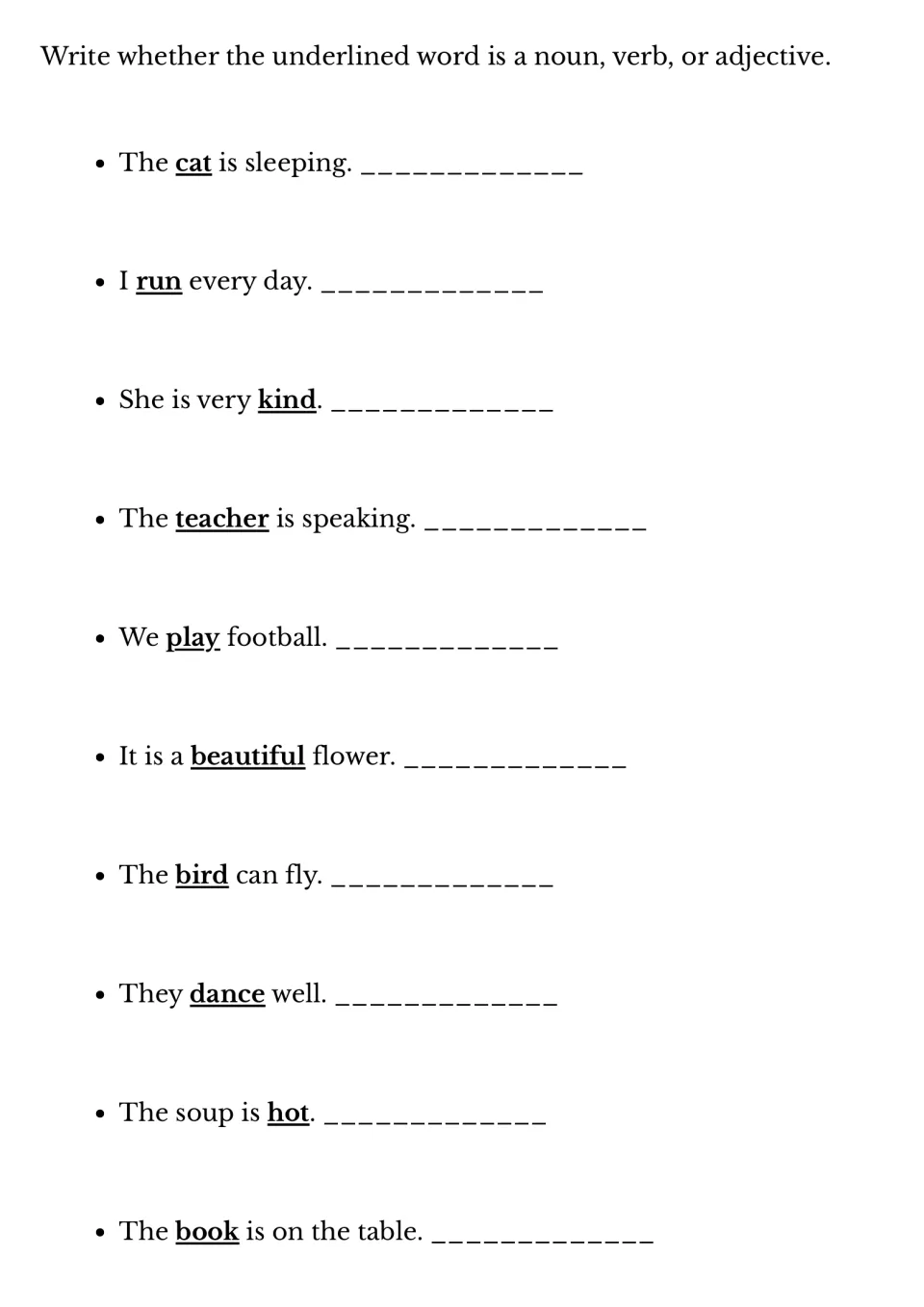 Underlined words in sentences: students write noun, verb or adjective for 10 items, such as cat in The cat is sleeping