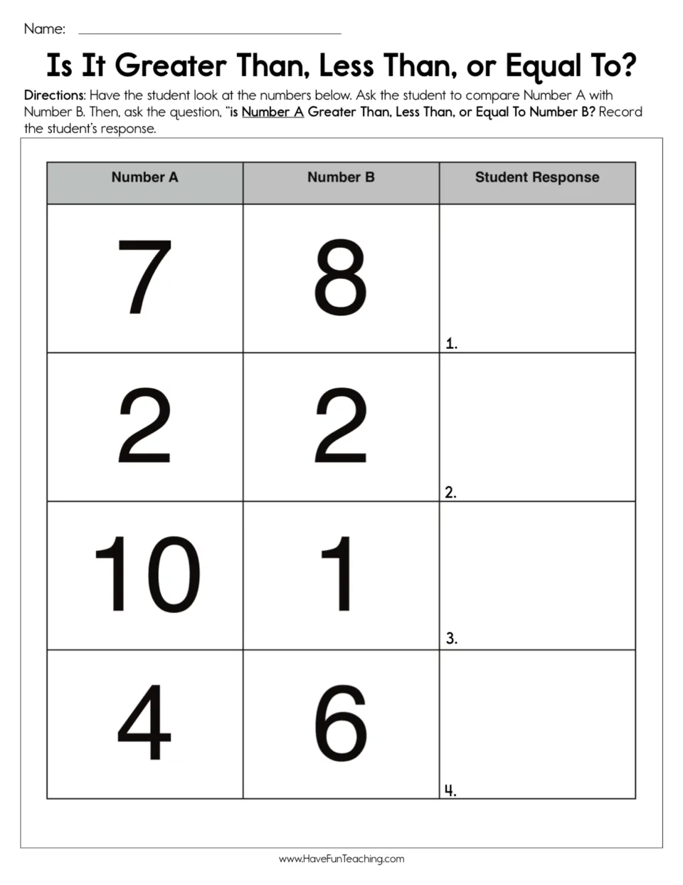 Comparing numbers: students say if Number A is greater than, less than or equal to Number B for 7-8, 2-2, 10-1, 4-6