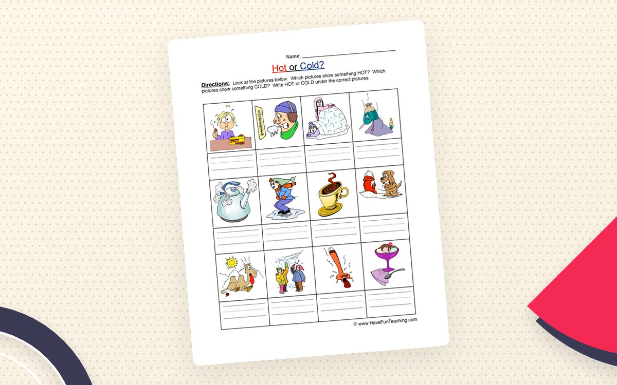 Is it Hot or Cold Worksheet preview: A single illustrated hot-and-cold classification sheet