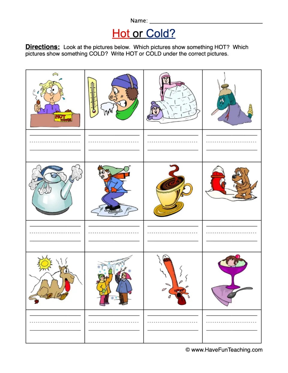 Hot or cold sort: students write HOT or COLD under 12 pictures such as a steaming kettle, igloo, cocoa and ice cream