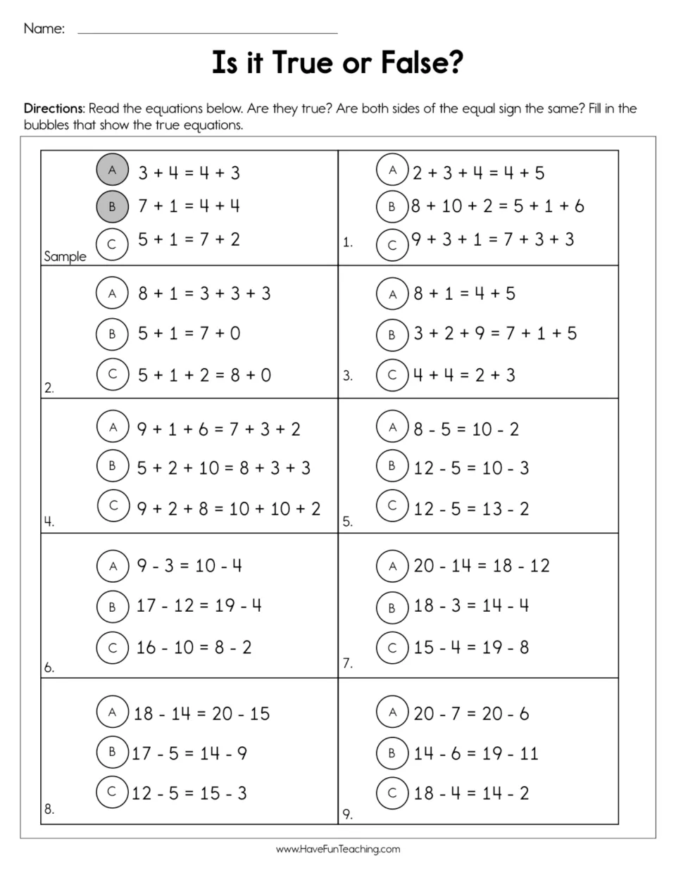 True or false equations: students fill in bubbles for the addition and subtraction equations where both sides are equal