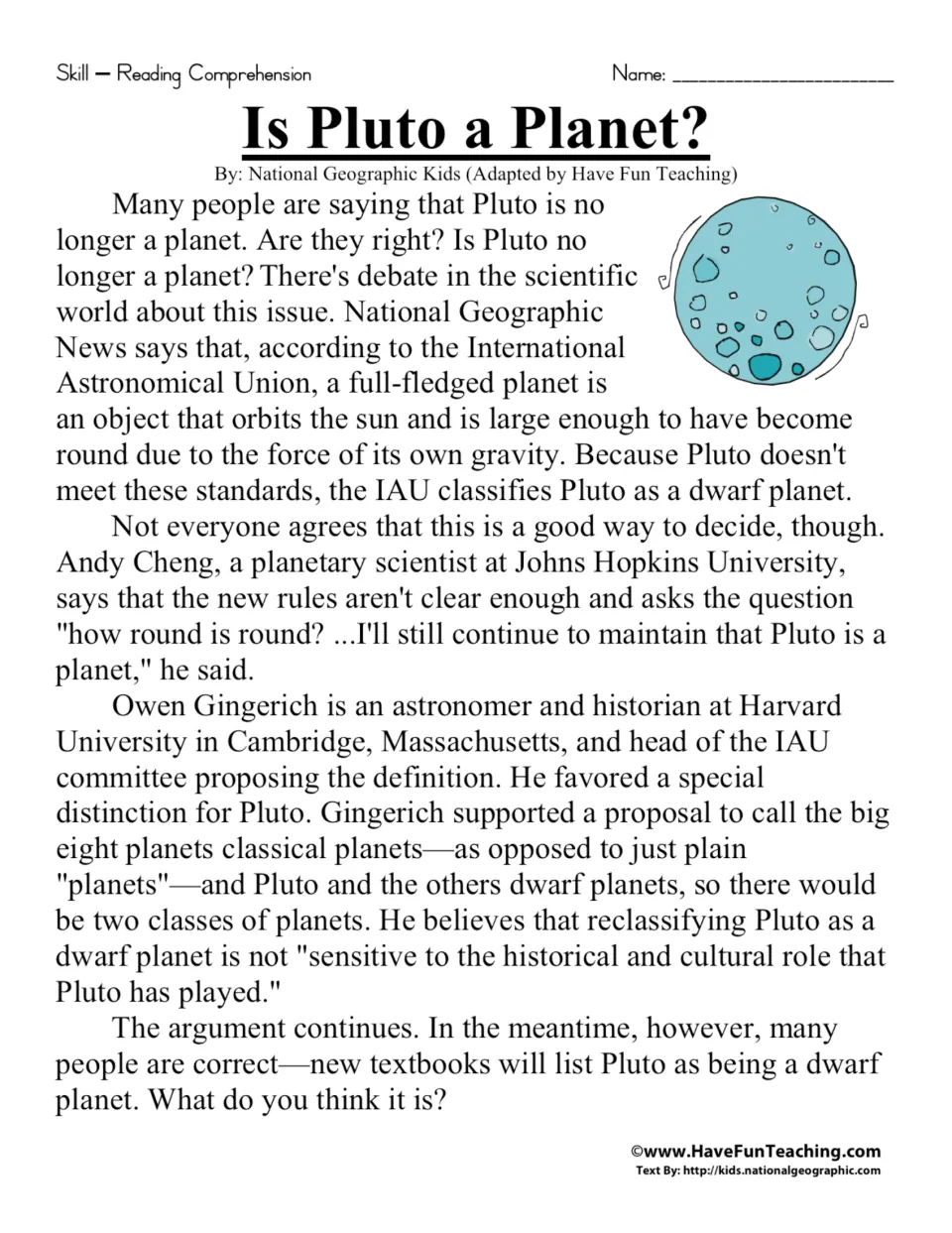 Reading passage about Pluto's dwarf planet classification and the views of Andy Cheng and Owen Gingerich.