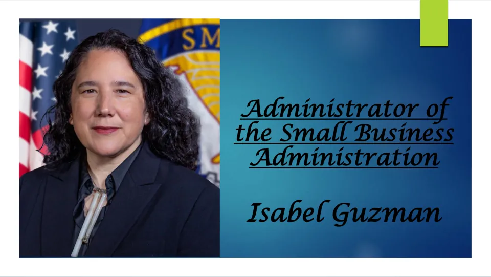 Biography cover introducing Isabel Guzman as Administrator of the Small Business Administration, with her portrait