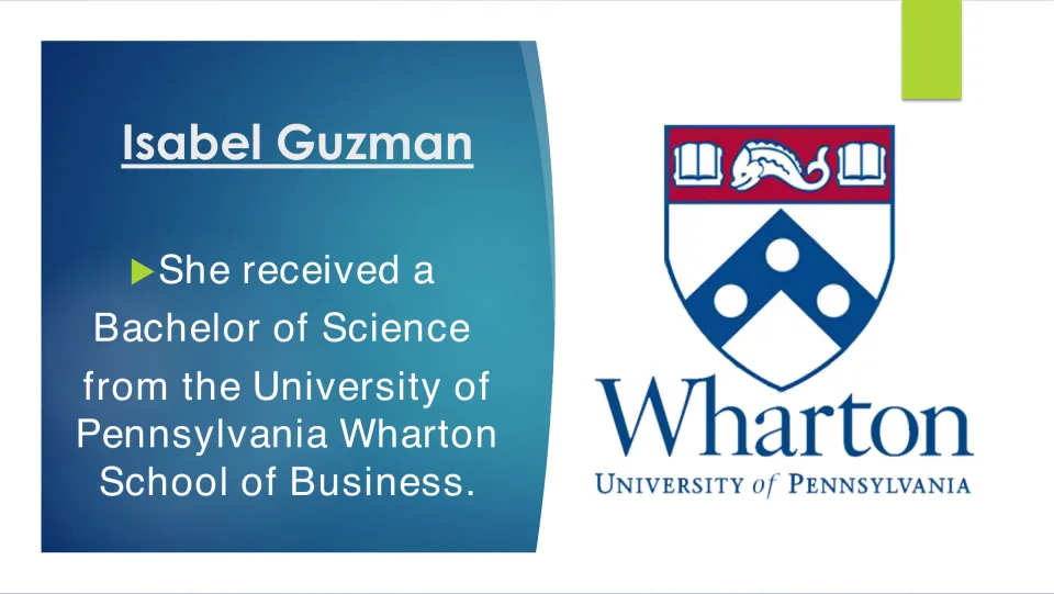 Education slide noting Guzman's Bachelor of Science from the University of Pennsylvania's Wharton School