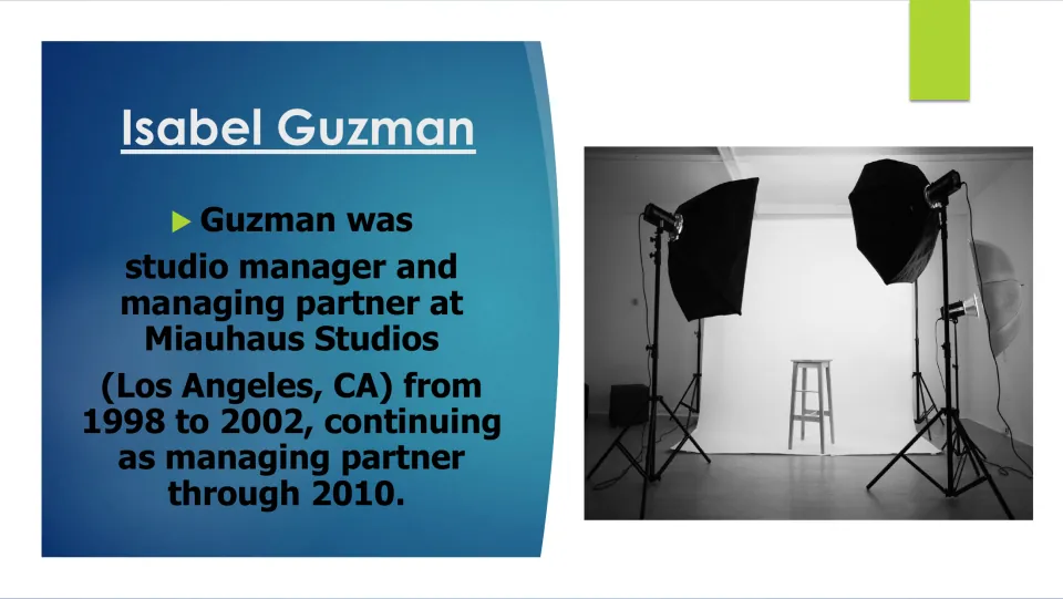 Career slide covering Guzman's studio manager and managing partner roles at Miauh aus Studios from 1998 to 2010