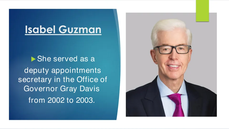 Career slide describing Guzman's deputy appointments secretary role under Governor Gray Davis, 2002–2003