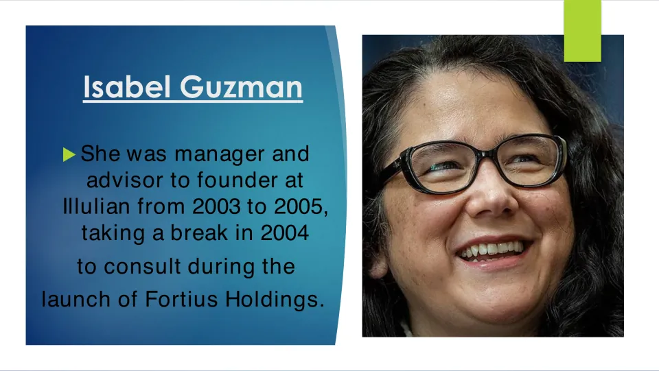 Career slide covering Guzman's work at Illulian from 2003 to 2005 and consulting for Fortius Holdings in 2004