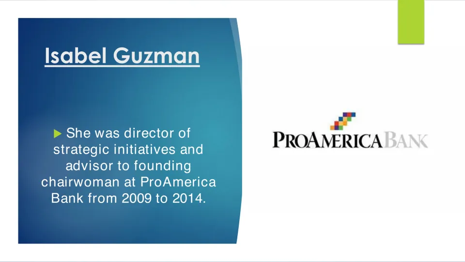 Career slide detailing Guzman's strategic initiatives and founding chairwoman advisor roles at ProAmerica Bank